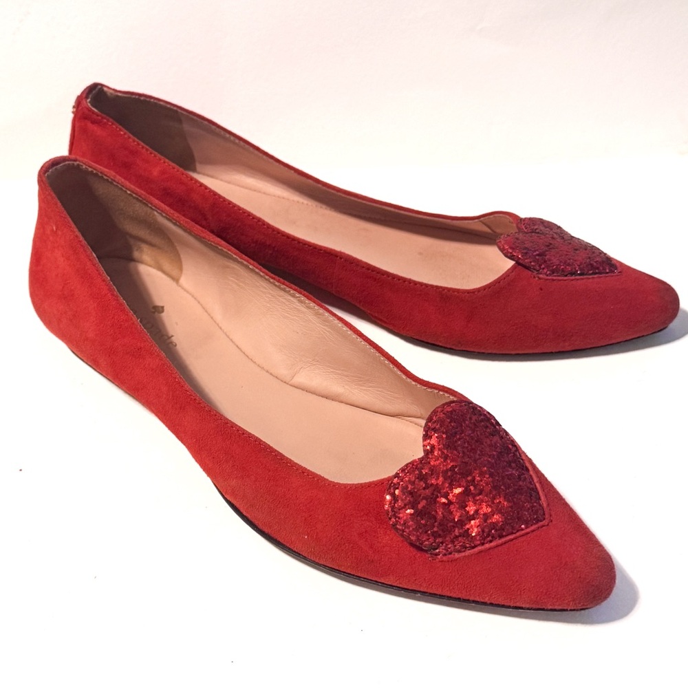 Kate Spade Red Suede Glitter Heart Flats Sz. 7.5